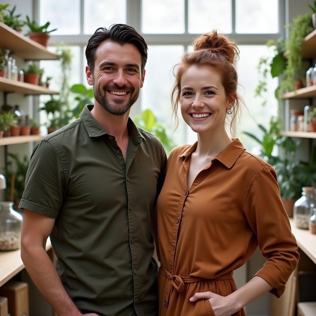 I fondatori del laboratorio Zenorqen nel loro spazio di lavoro circondati da piante e terrari